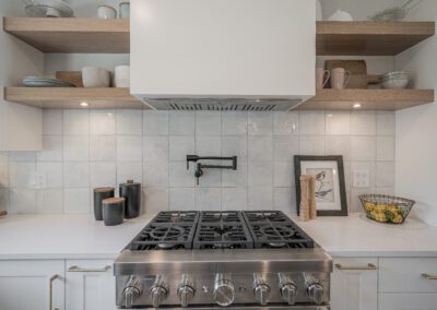 custom wood hood white oak custom floating shelves custom kitchen Saskatoon