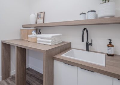 White cabinets, oak accents