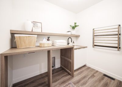 White cabinets, oak accents